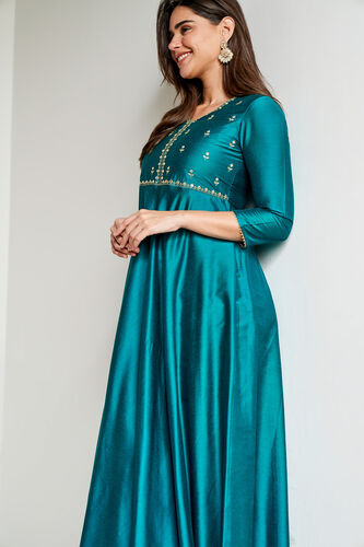 Teal Solid Flared Kurta, Teal, image 3